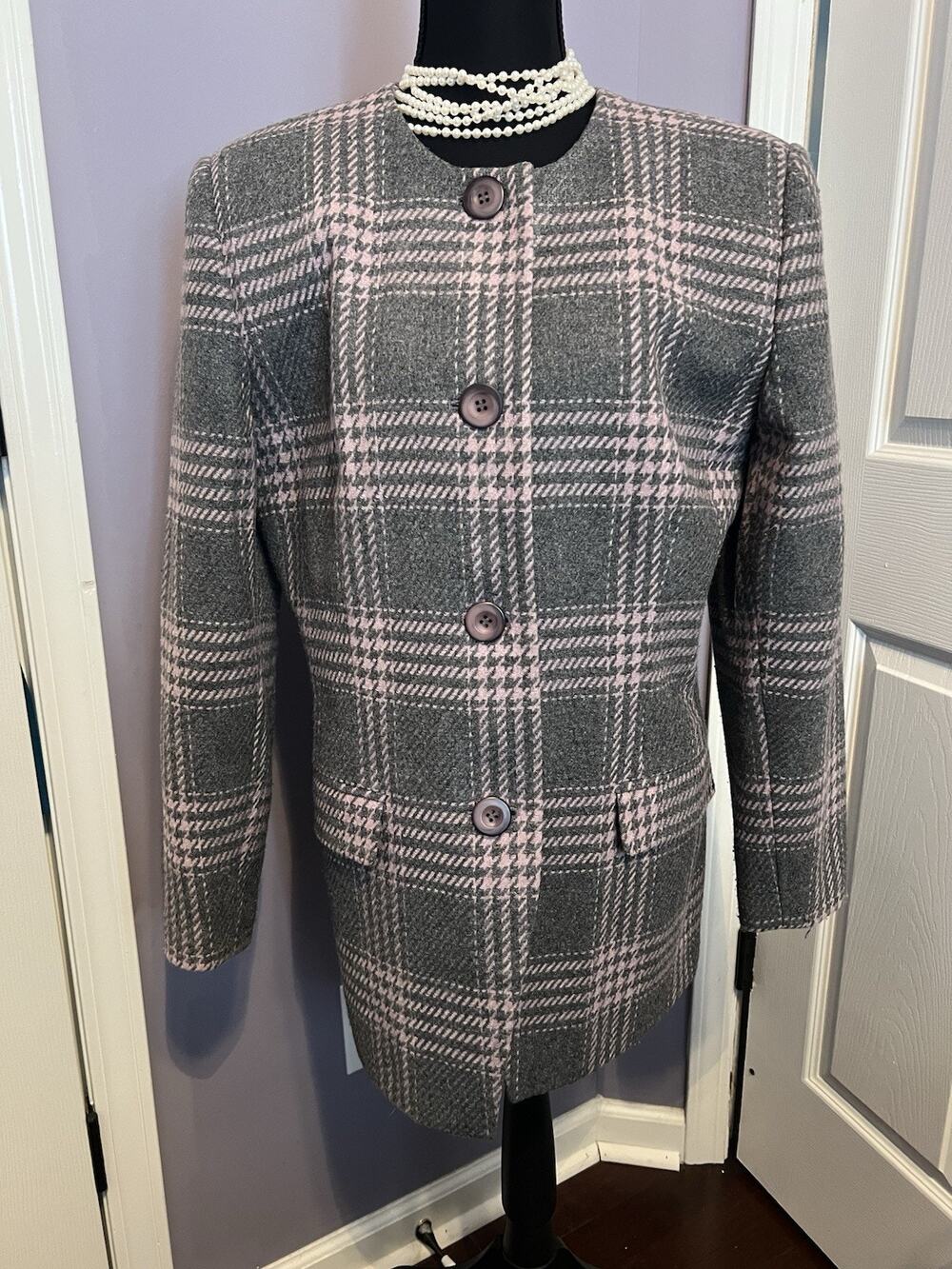 Vintage 90’s Amanda Smith Coat Jacket Gray Pink Houndstooth Plaid Wool 12 L USA